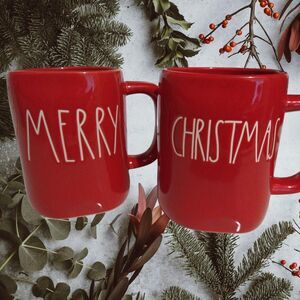 Rae Dunn MERRY and CHRISTMAS set of 2 Red Mugs